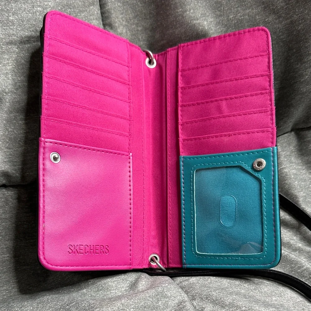 Skechers Crossbody Detachable Straps Card Holder Zip Pouch‎ Wallet Blk pink teal